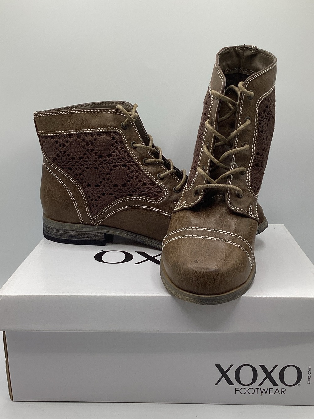 XOXO Brown Crochet Lace-Up Ankle Boots